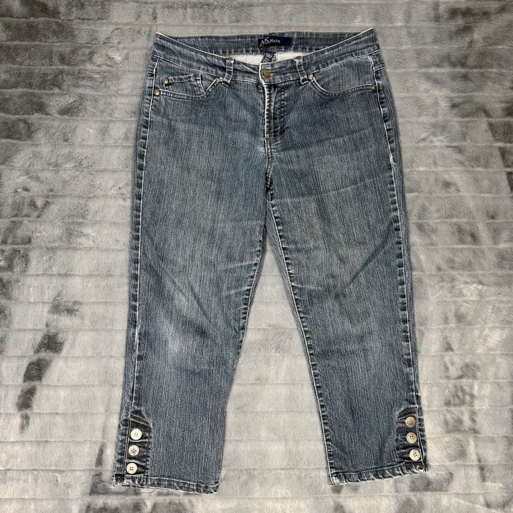 AK Jeans Anne Klein Women 8 Blue Denim Cropped Capri Pants Button Medium Wash